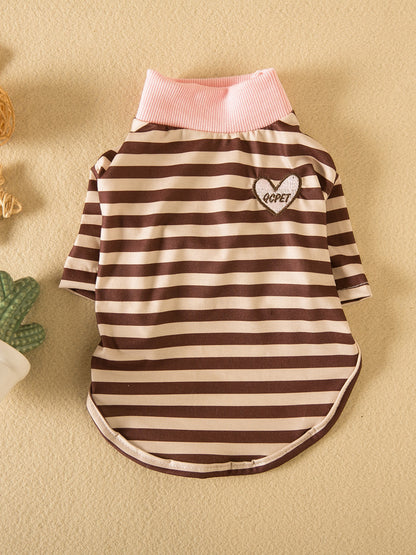 Brown striped pet t-shirt with heart patch, soft stretch polyester top for dogs and cats
