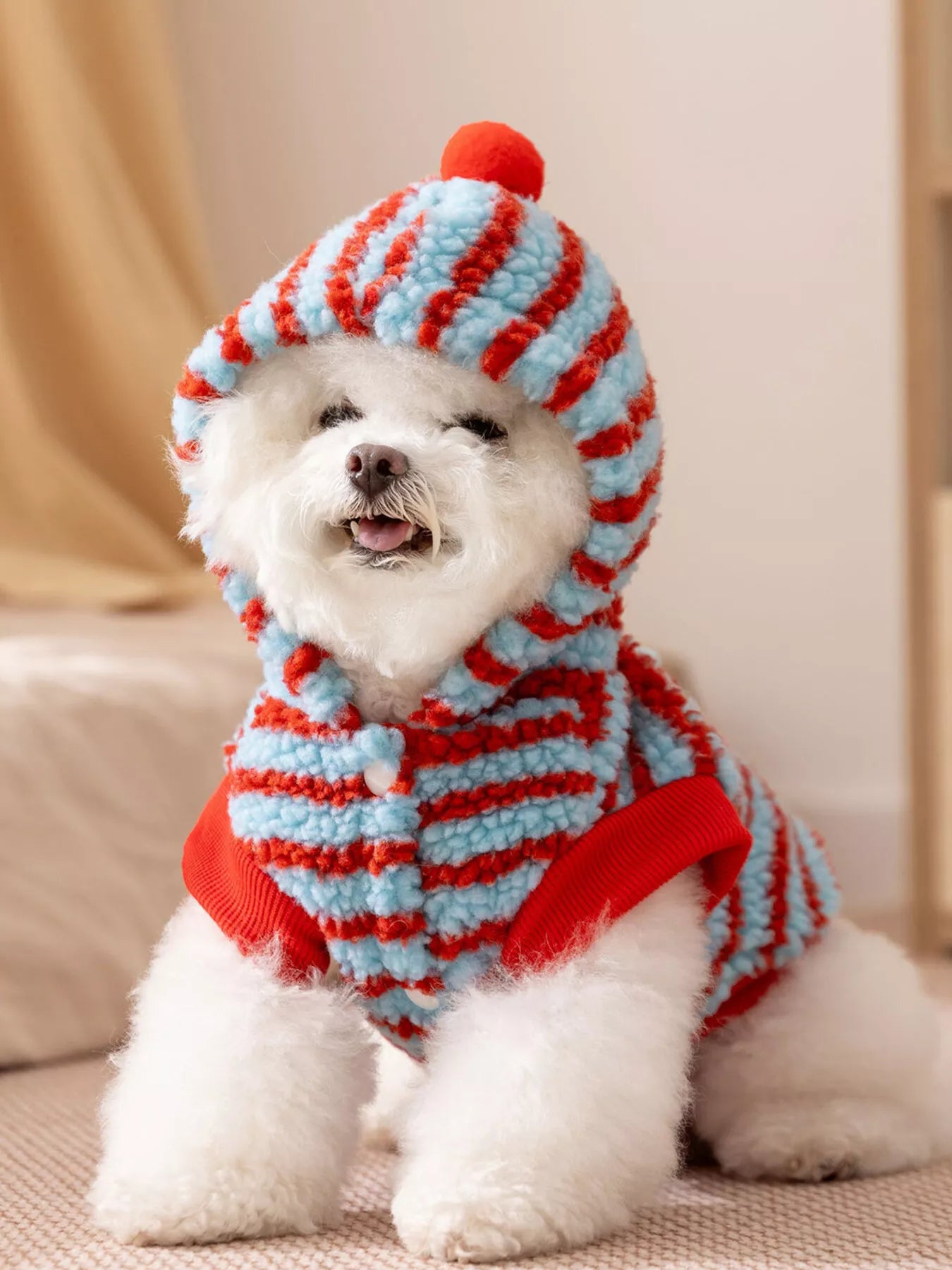 Striped hooded plush pet sweater, cozy hoodie for dogs and cats