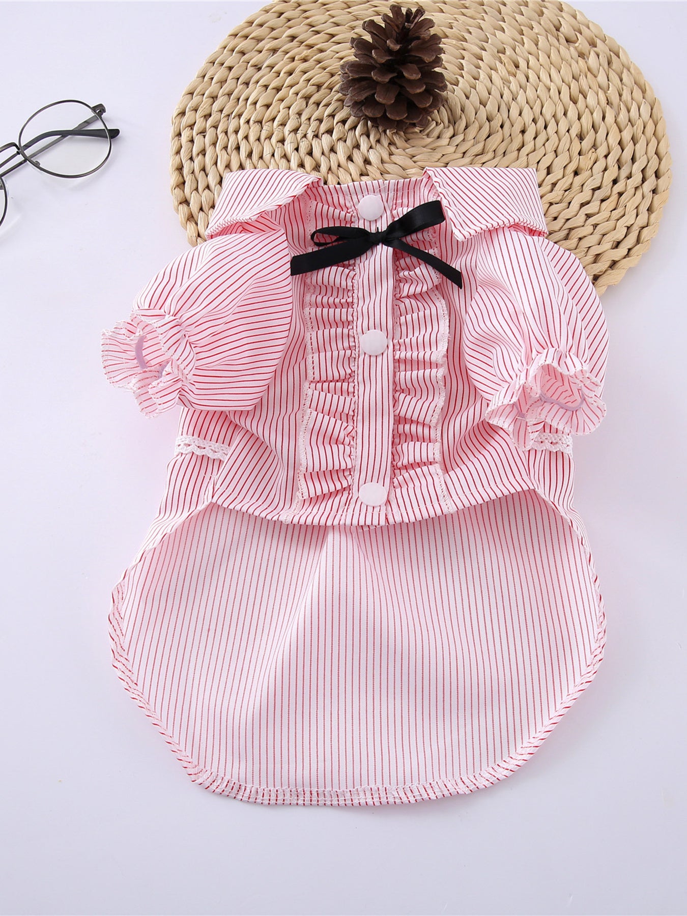 Striped Ruffle Bow Pet Top – Button-Close Polyester Shirt for Dogs & Cats – view 2