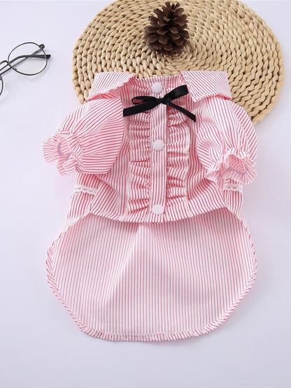 Striped Ruffle Bow Pet Top – Button-Close Polyester Shirt for Dogs & Cats – view 2