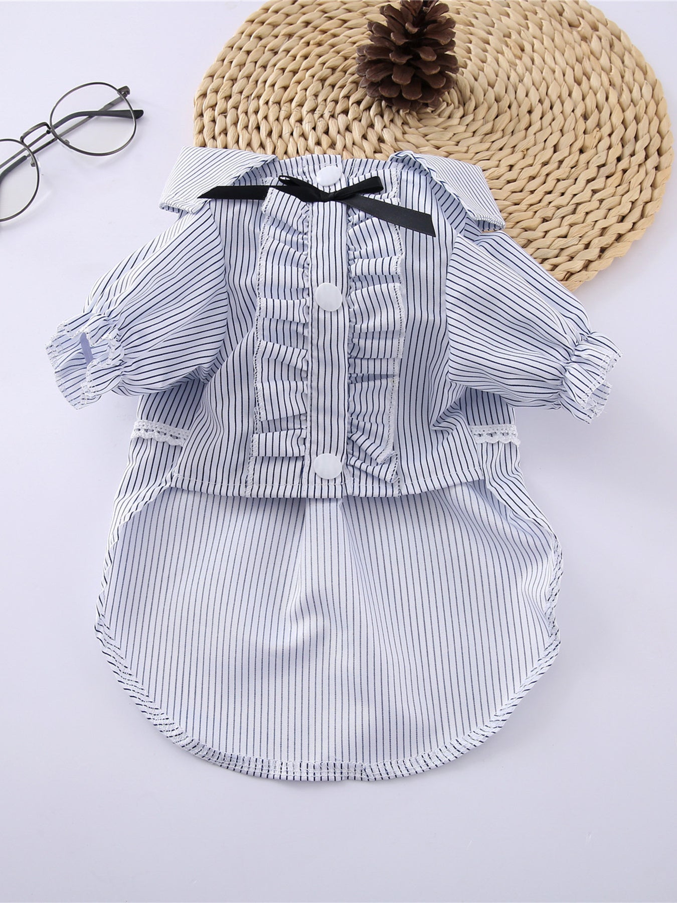 Striped Ruffle Bow Pet Top – Button-Close Polyester Shirt for Dogs & Cats – view 8
