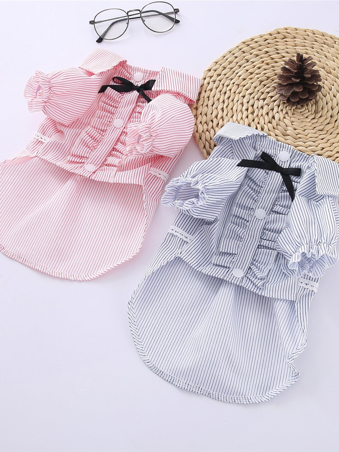 Striped Ruffle Bow Pet Top – Button-Close Polyester Shirt for Dogs & Cats – view 9