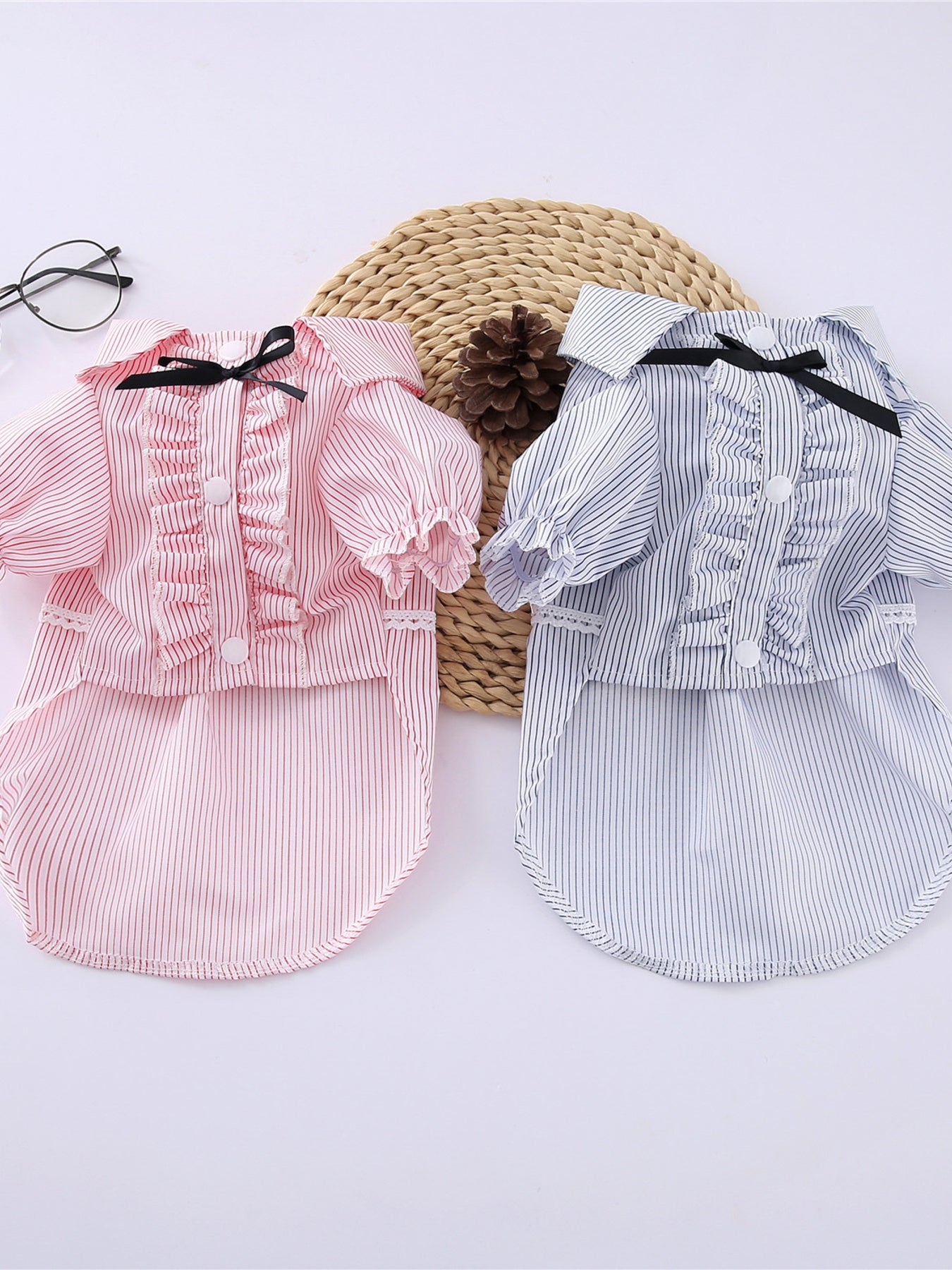 Striped ruffle pet top with bow, button-close polyester shirt for dogs and cats