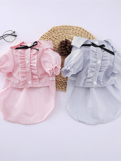 Striped ruffle pet top with bow, button-close polyester shirt for dogs and cats