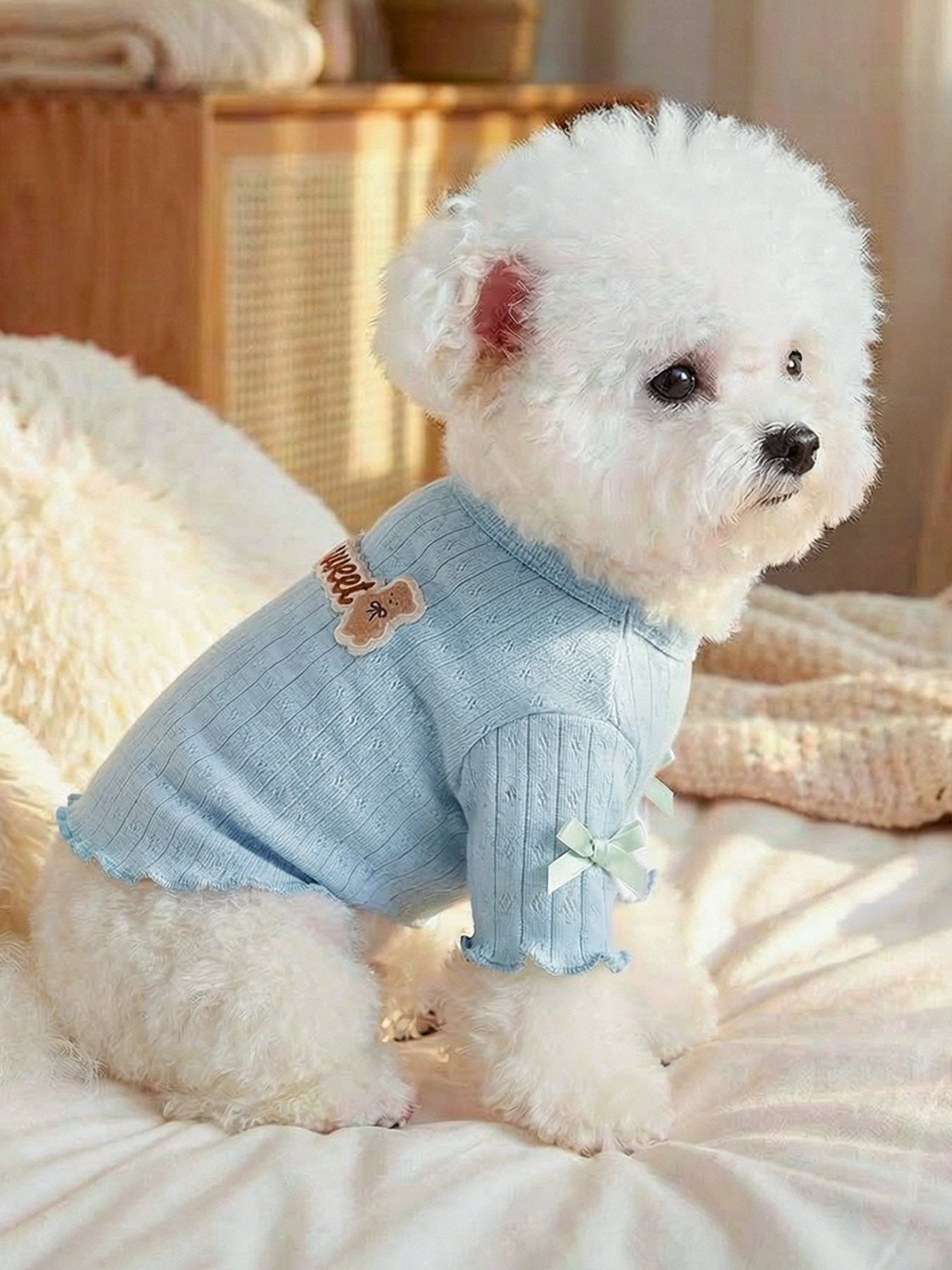 Sweet Bear Patch Ribbed Pet Top – Bow & Frill Stretch Shirt for Dogs & Cats – view 6