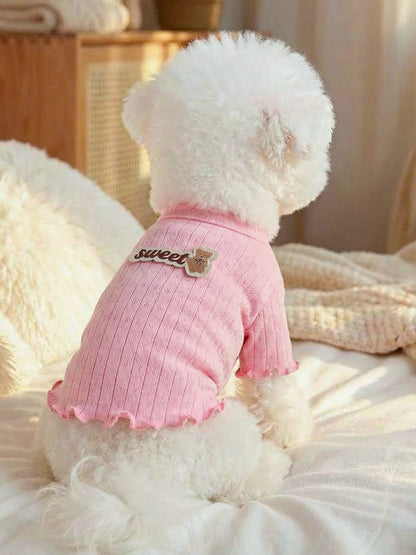 Sweet bear patch ribbed pet top with bow and frill, stretch shirt for dogs and cats