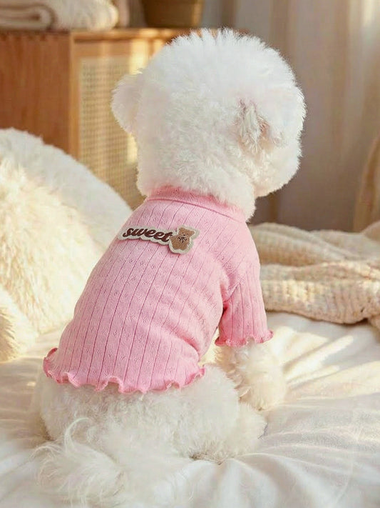 Sweet bear patch ribbed pet top with bow and frill, stretch shirt for dogs and cats