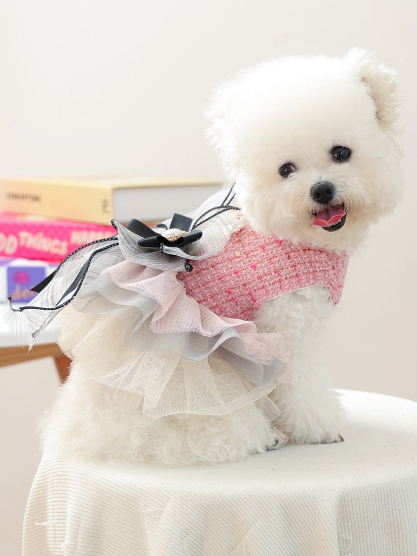 Tweed pet dress with tiered ruffle and bow detail for dogs and cats