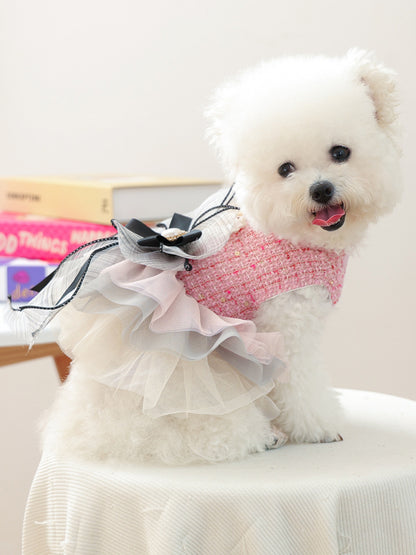 Tweed pet dress with tiered ruffle and bow detail for dogs and cats