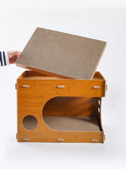 Wooden Corrugated Paper Cat House – Scratch & Hideaway Combo for Cats – view 2