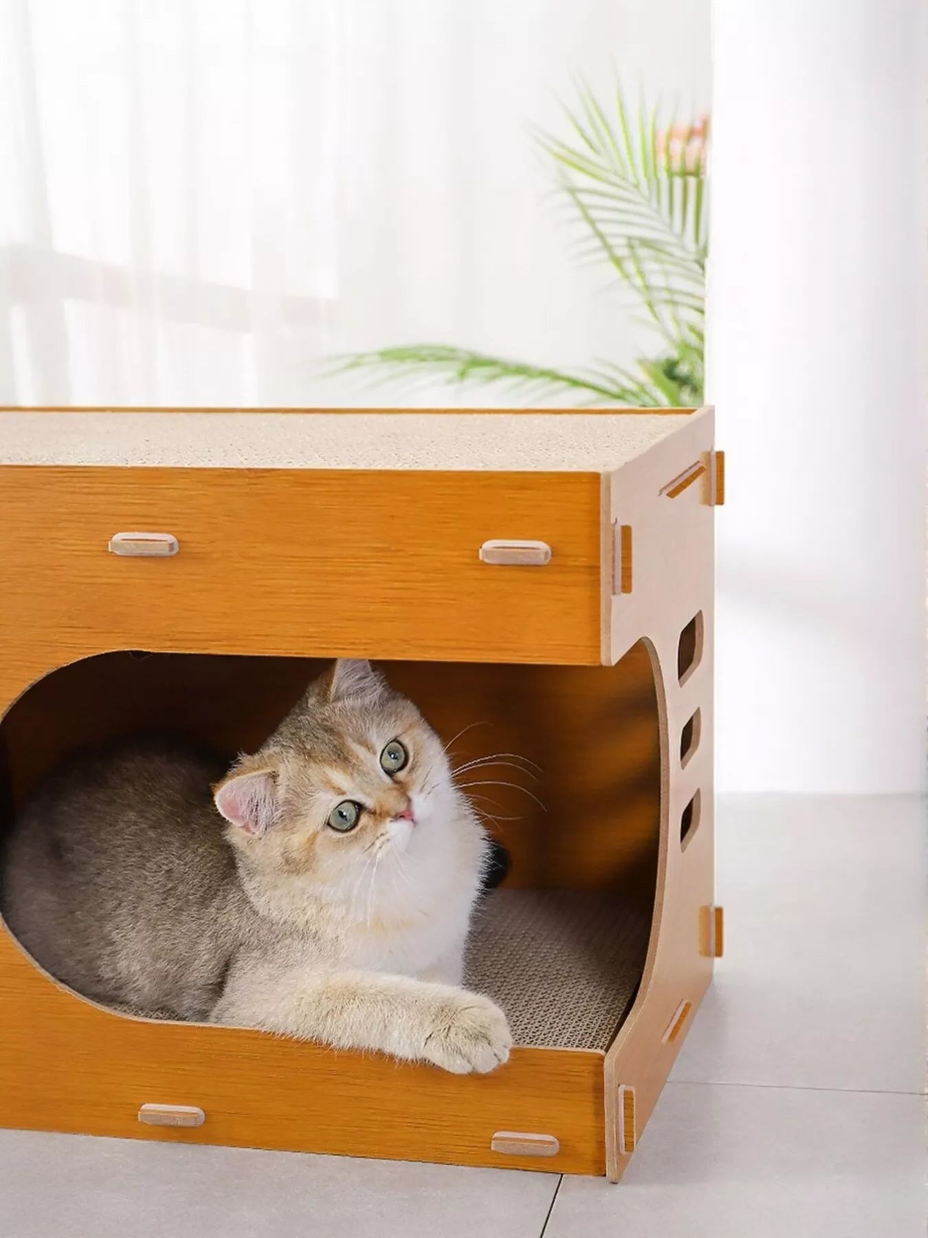 Wooden Corrugated Paper Cat House – Scratch & Hideaway Combo for Cats – view 7