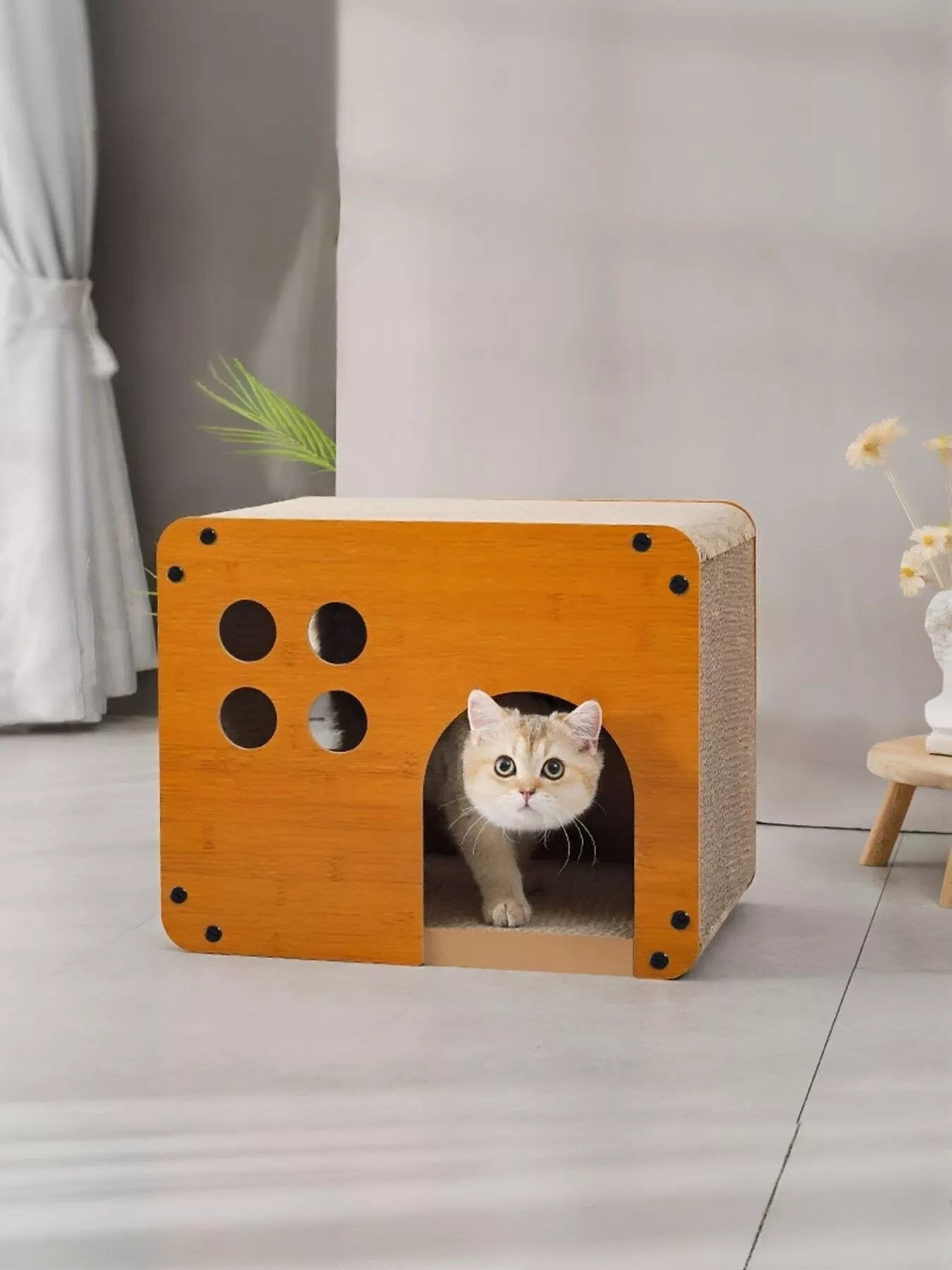 Wooden Corrugated Paper Cat House – Scratch & Hideaway Combo for Cats – view 8