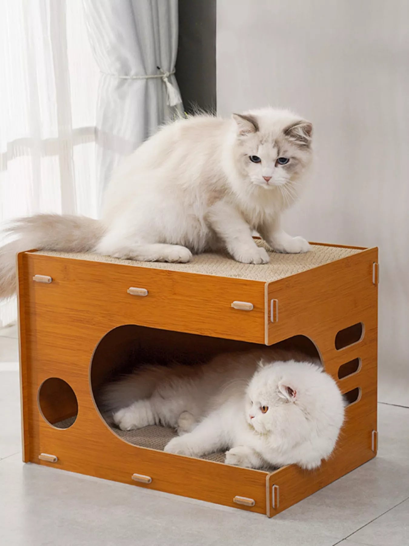 Wooden corrugated paper cat house, scratch and hideaway combo for cats