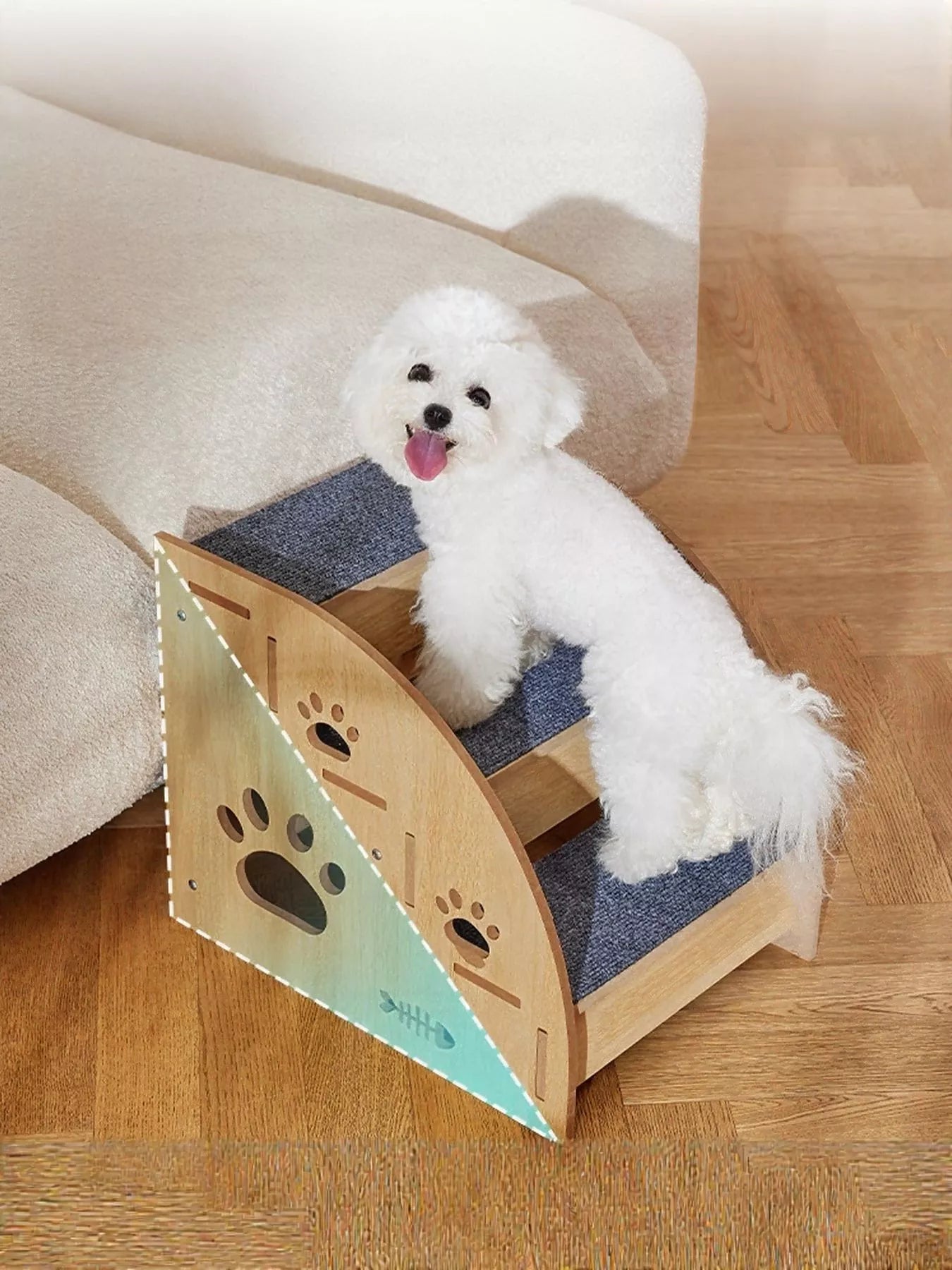 Wooden Pet Stairs with Paw Print Design – 3-Step Dog & Cat Ramp, 13.8"H – view 2