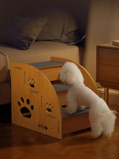 Wooden Pet Stairs with Paw Print Design – 3-Step Dog & Cat Ramp, 13.8"H – view 3
