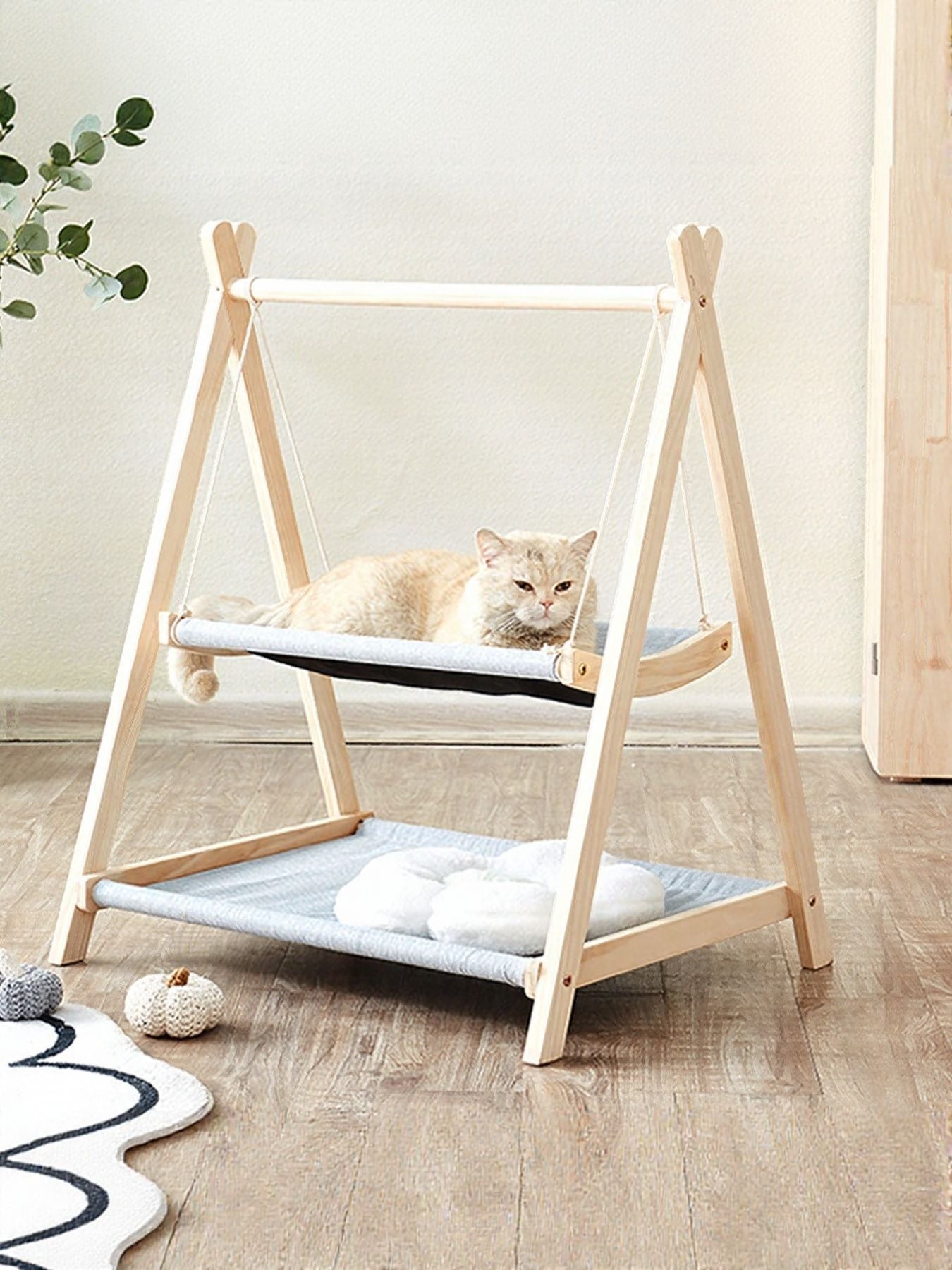 Wooden Triangle Cat Hammock – Polyester Hanging Elevated Bed for Cats – view 2