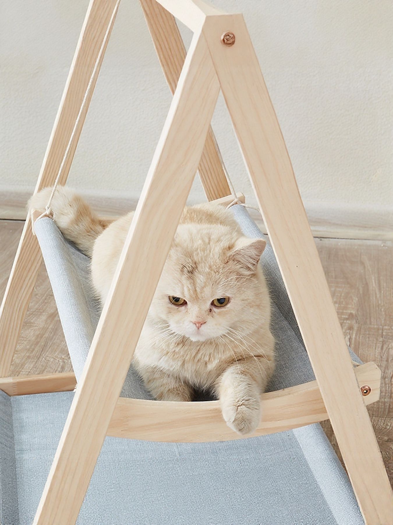 Wooden triangle hanging cat hammock, elevated polyester bed for cats