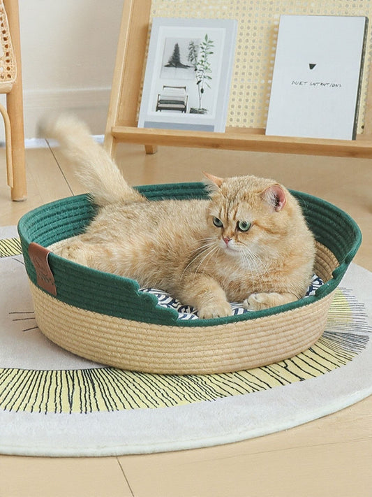 Woven cotton cord foldable semi-enclosed scratch-resistant pet nest bed for cats and dogs