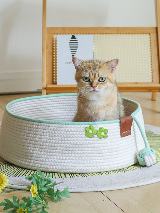 Woven cotton cord semi-enclosed pet nest with toy ball, four-piece bed set for cats and dogs