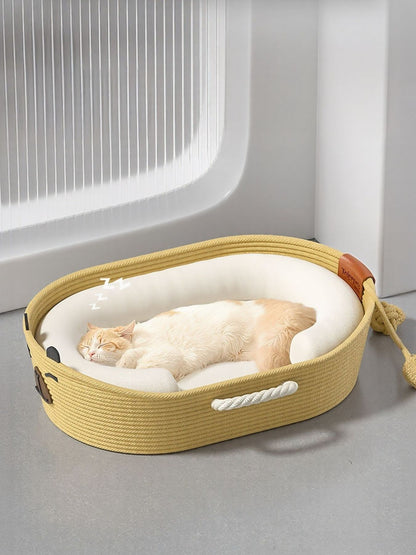 Woven rope oval polyester scratch-resistant raised pet bed for cats and dogs
